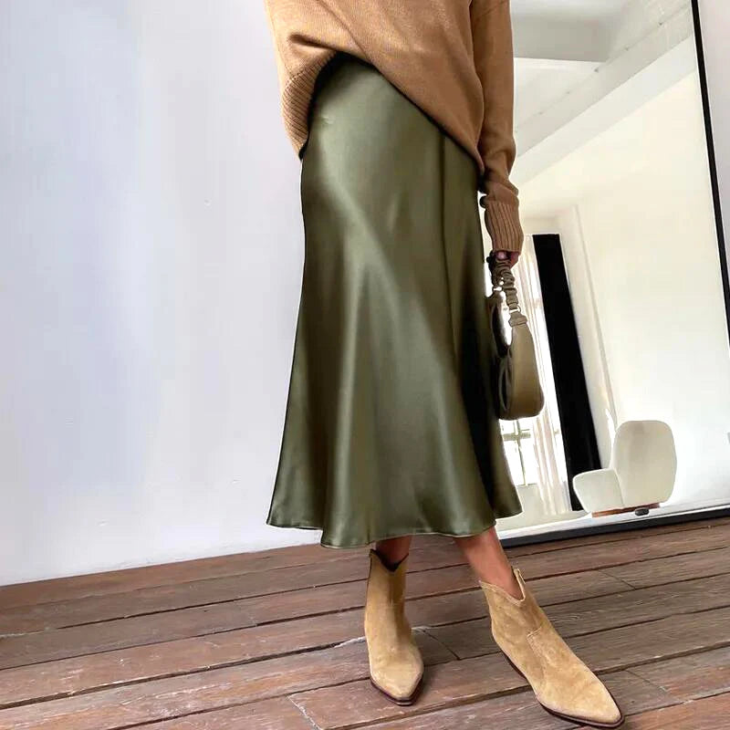 Women's Satin Skirt High Waist Elegant Midi A-line Skirt Lady's Summer Solid Champagne Vintage Silk Long Skirts for Women 2026