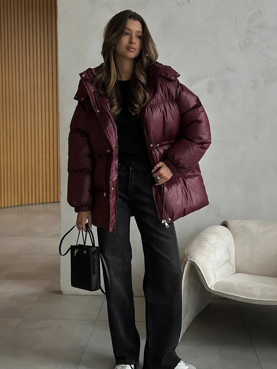 Bornladies Drawstring Slim Fit Cotton Jacket Women's  Winter New Hooded Zipper Cotton Robe Comfortable Warm Bread Jacket