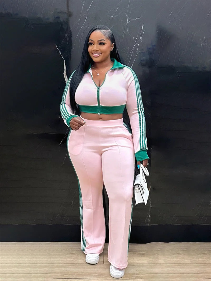 Doyerl Sporty Casual Tracksuit Women Two Piece Sets Striped Long Sleeve Zipper Cropped Jacket Top and Sweatpants Jogging Femme