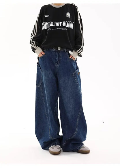 American Retro Knife Pocket Wide Leg Jeans Women's Spring Autumn Style Hot Girl High Street Design Loose Floor-Length Pants