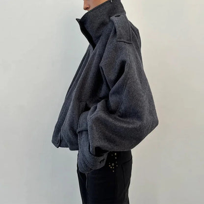 Casual Solid Loose Jackets Women Fashion Full Sleeve Single Breasted Stand Collar Short Coats Female 2025 Autumn Lady Outwears