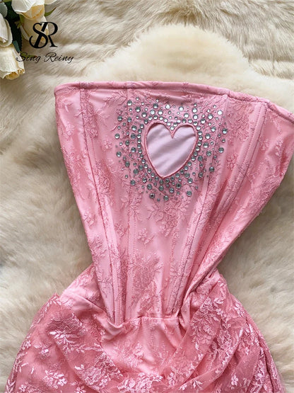 SINGREINY French Strapless Sexy Short Dress 2025 Heart Hollow Out Beading Sundress Backless Corset Lace Beach Mini Dress
