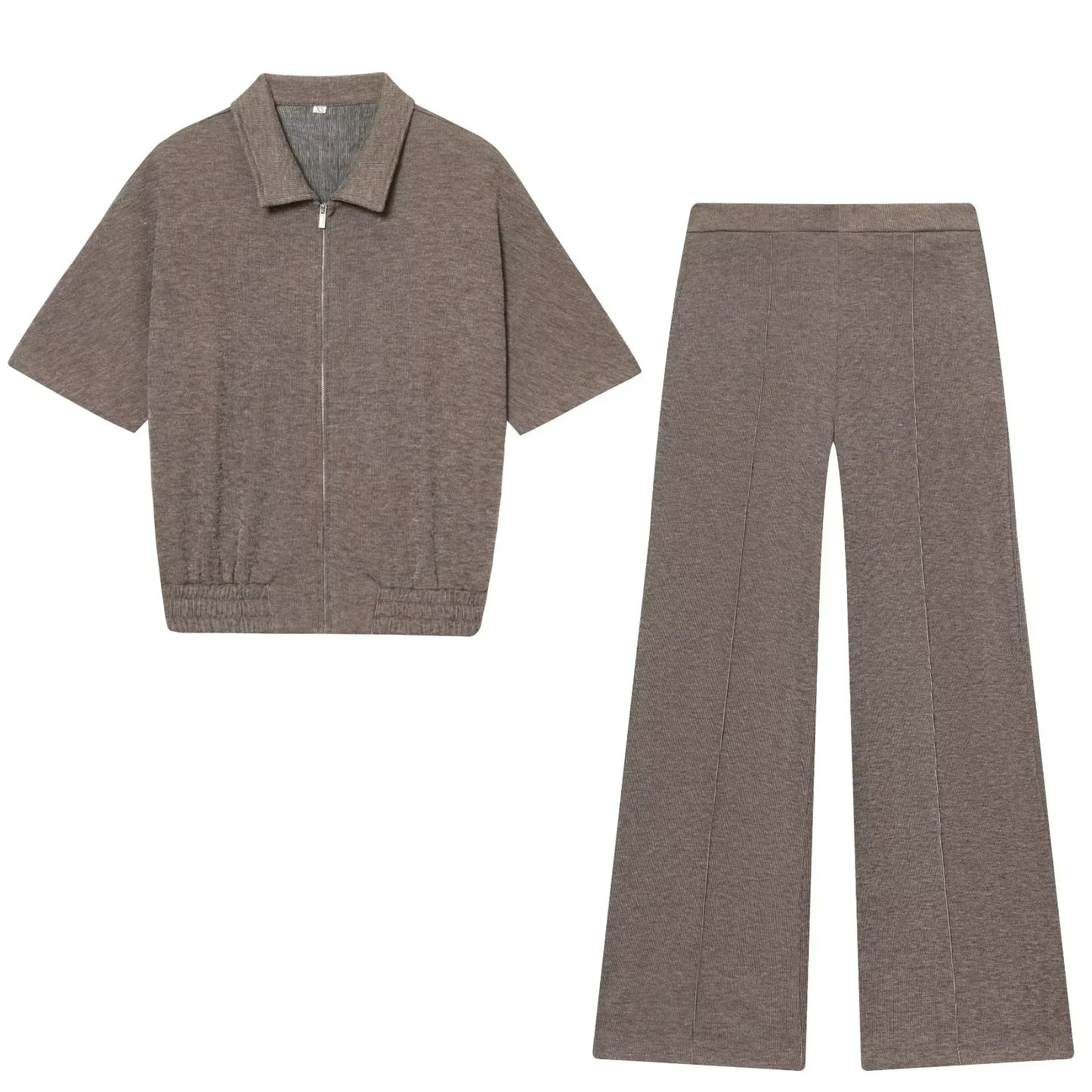 Fashion Pants Sets For Women Summer New Slim Lapel Zipper Short Sleeve Top Wide Leg Pants 2 Piece Set Casual Woman Outfits