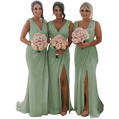 Elegant Bridesmaid Dresses 2025 Wedding Banquet V-Neck Sweep Train Sleeveless Simple A-line Split Backless Evening Dress