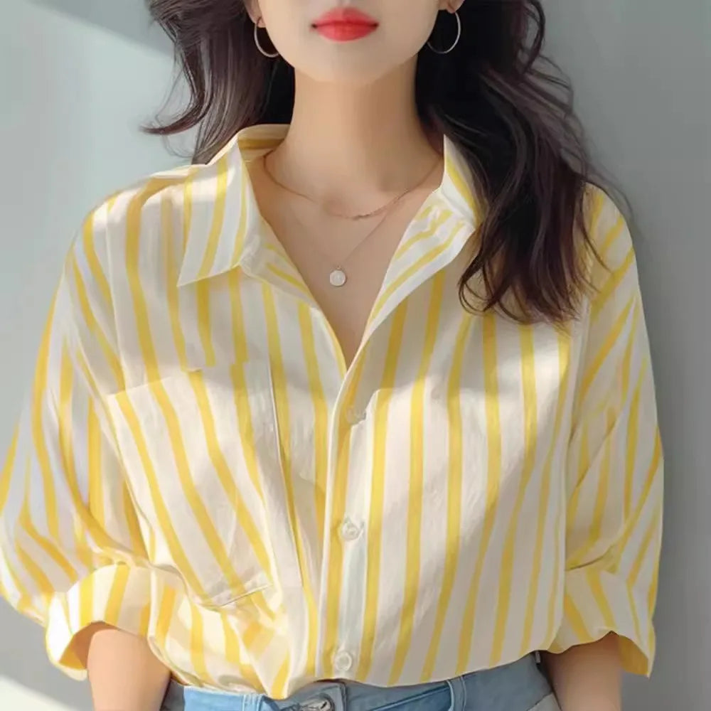 Yellow and white vertical striped shirt women spring and autumn new shirt European casual explosive long-sleeved shirt