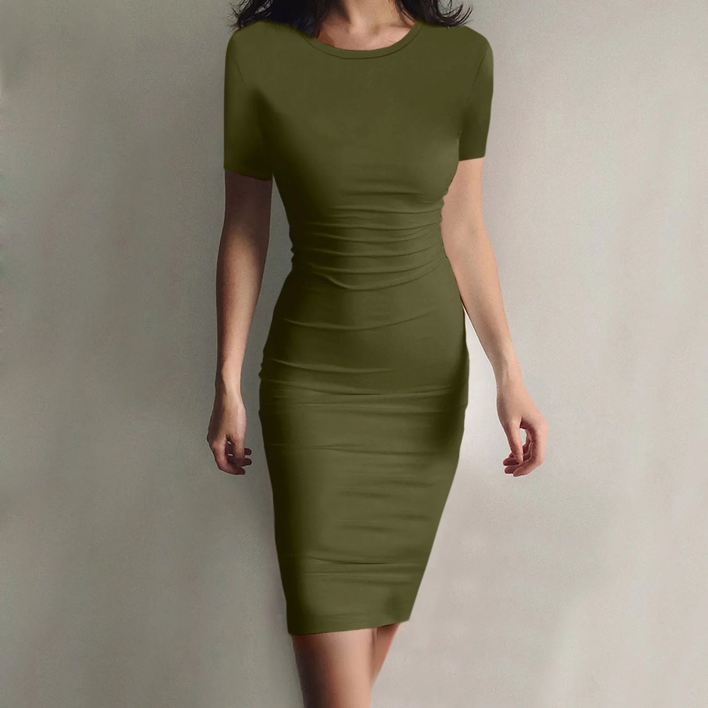 Fashion Women Short Sleeve Slim Fitting Dress Summer Solid Color Round Neck Elegant Dress Tight Robe Street Style Skinny Dress