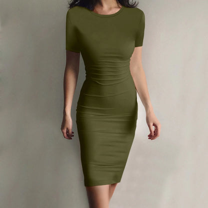 Fashion Women Short Sleeve Slim Fitting Dress Summer Solid Color Round Neck Elegant Dress Tight Robe Street Style Skinny Dress