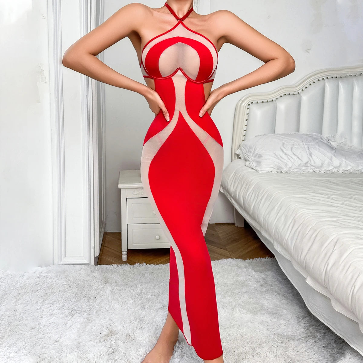 MUZISKAT 2026 Women's Sexy Hanging Neck Strap Fabric Splicing Dress Strapless Bareback Slimming Long Party Evening Dress