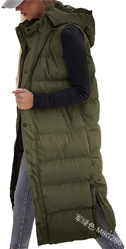 Women Solid Loose Zip Cardigan Parkas 2023 Autumn Winter Parkas Vest Coat Women Sleeveless Hooded Single Breasted Long Vest Coat