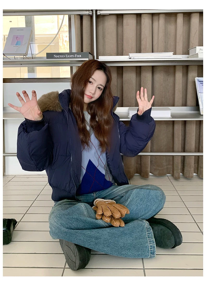 Casual Warm Fur Hooded Cropped Parkas Chic Streetwear Korean Style Down Cotton Coat Thicken Short Women's Winter 2025 Jacket