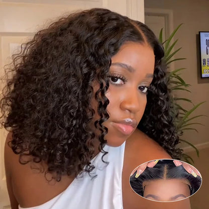 Deep Wave Glueless Wigs Human Hair Ready to Wear Curly Bob Wig Lace Front Wigs Wear And Go Pre Plucked Pre Cut Lace Closure Wigs