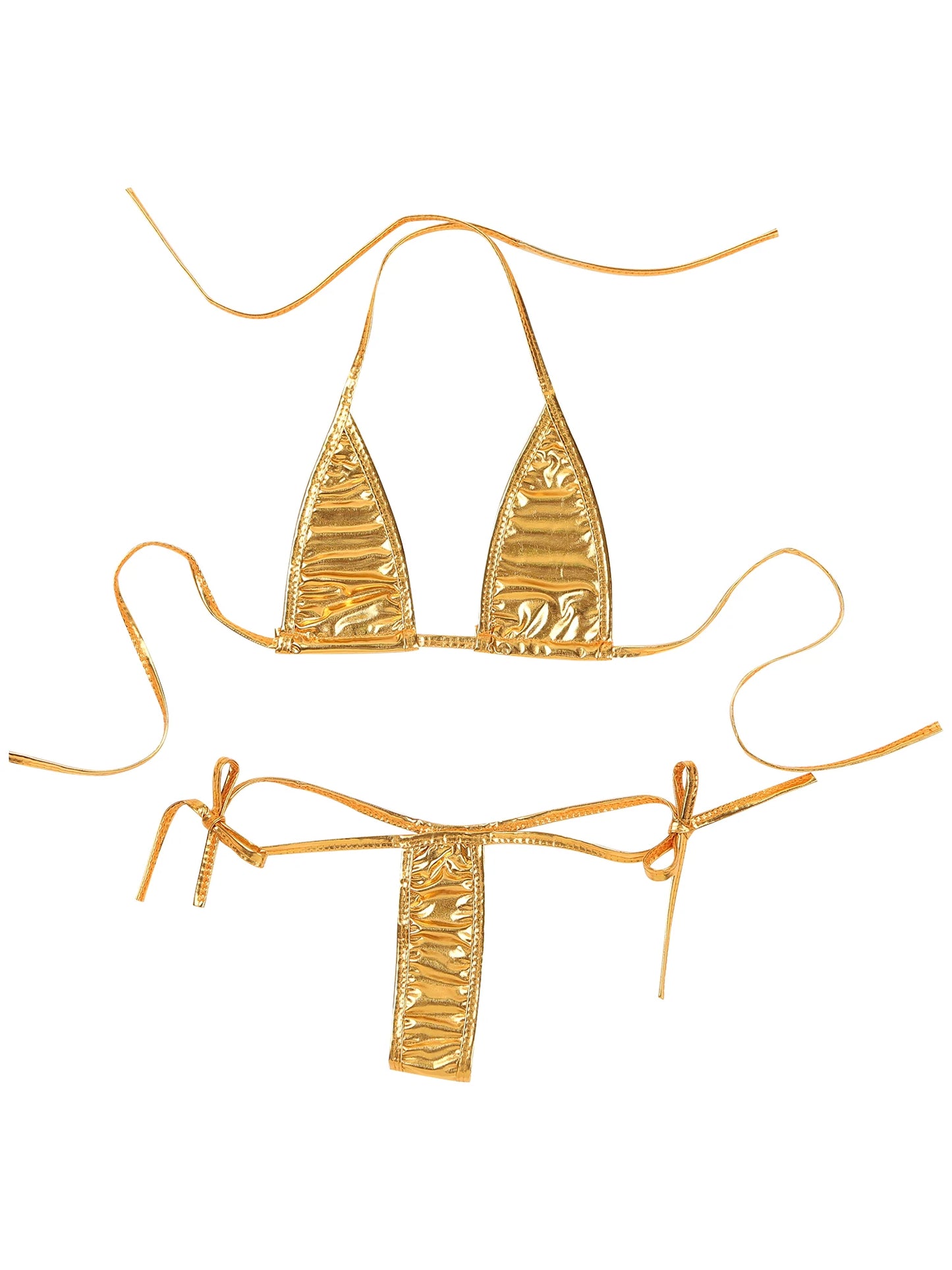 Womens Brazilian Micro Bikini Swimsuit Biquini Set Lacing Non-Padded Triangle Cup Bra Top with G-String Metallic Shiny Swimwear