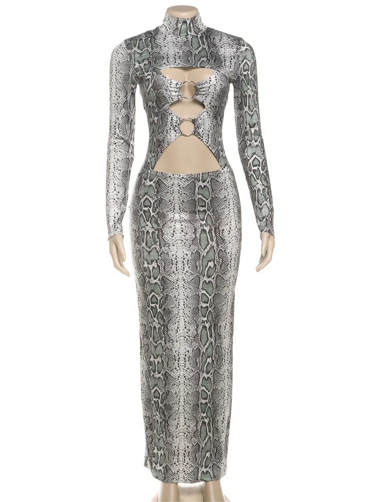 Nibber Hipster Maxi Dress Sexy Snakeskin Print Women Chest Hollow Metal Ring Turtleneck Peach Hip Street Stretch Skinny Vestidos