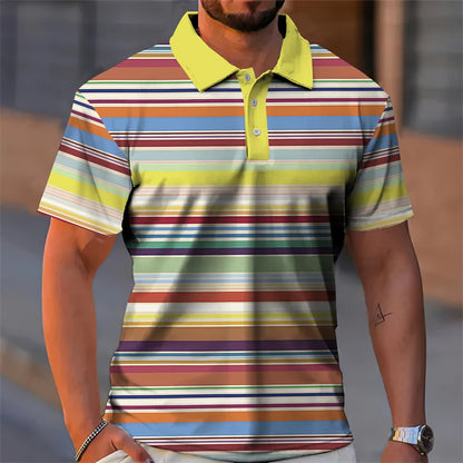Essential Summer Stripes Polo Shirt Men 3D Print Colors Plaid Button Lapel Golf Shirts Harajuku Streetwear Casual Fashion Tee
