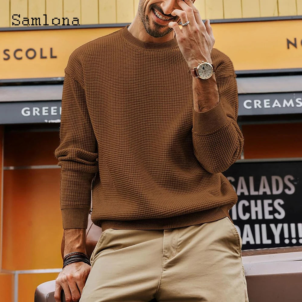 Samlona Men Retro Knitted Sweaters Vintage Jumpers 2025 Autumn Basic Top Pullovers Mens Long Sleeve Fashion Knitting Sweater New
