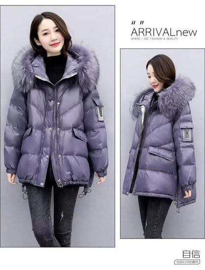 2025 Winter New Warm Down Cotton Jacket With Large Fur collar Hooded Coat Loose Women Thicken Parker Puffer Overcoat Casual wear