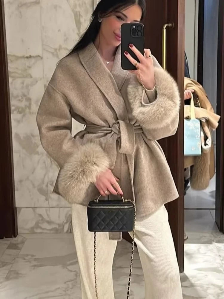 Elegant Lace Up Woolen Short Coat Solid Loose Lapel Furry Belt Long Sleeve Jacket Female 2025 Autumn Winter Lady Chic Cardigan