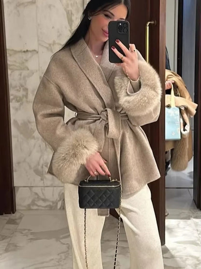 Elegant Lace Up Woolen Short Coat Solid Loose Lapel Furry Belt Long Sleeve Jacket Female 2025 Autumn Winter Lady Chic Cardigan