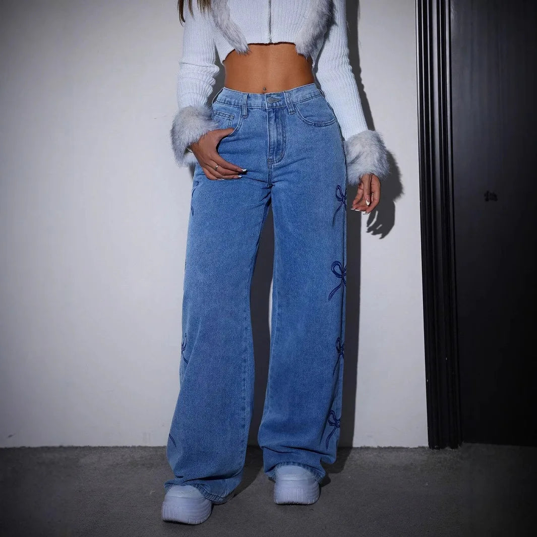 Wide Leg Pants Women Bow Print Jeans High Waist Washed Distressed Straight Trousers Vintage Denims Floor Length Streetwear