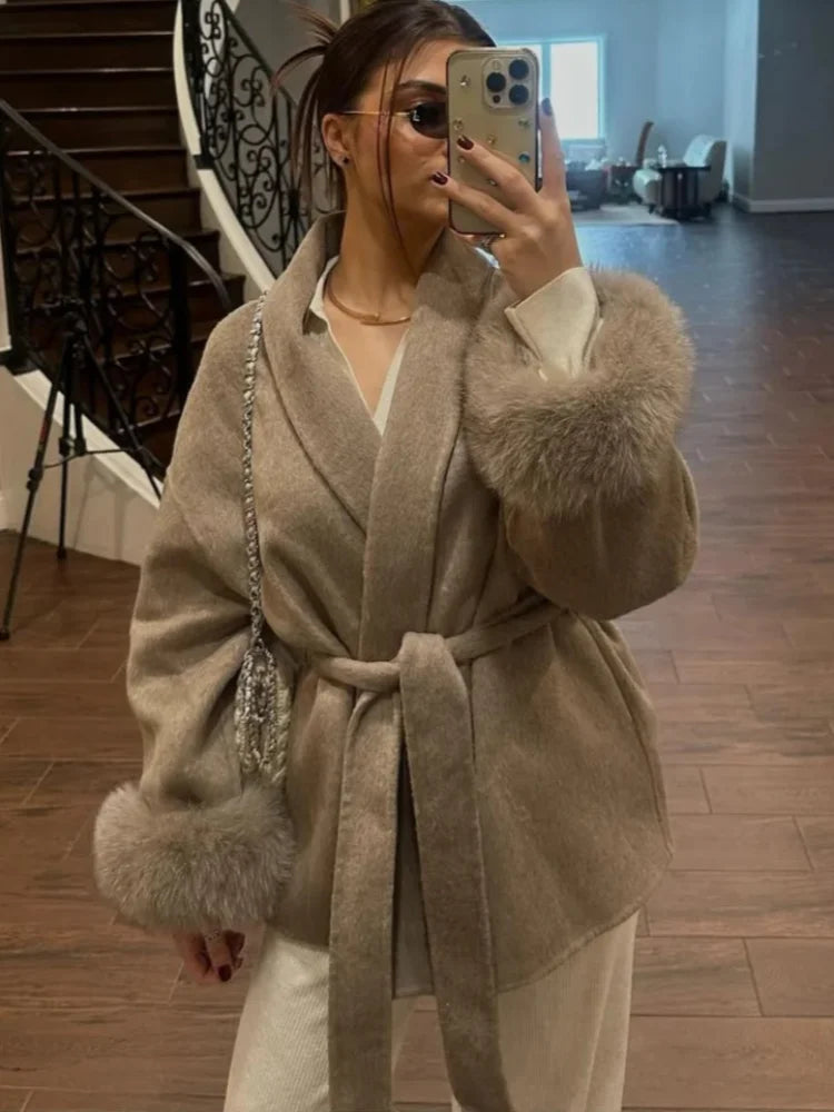 Elegant Lace Up Woolen Short Coat Solid Loose Lapel Furry Belt Long Sleeve Jacket Female 2025 Autumn Winter Lady Chic Cardigan