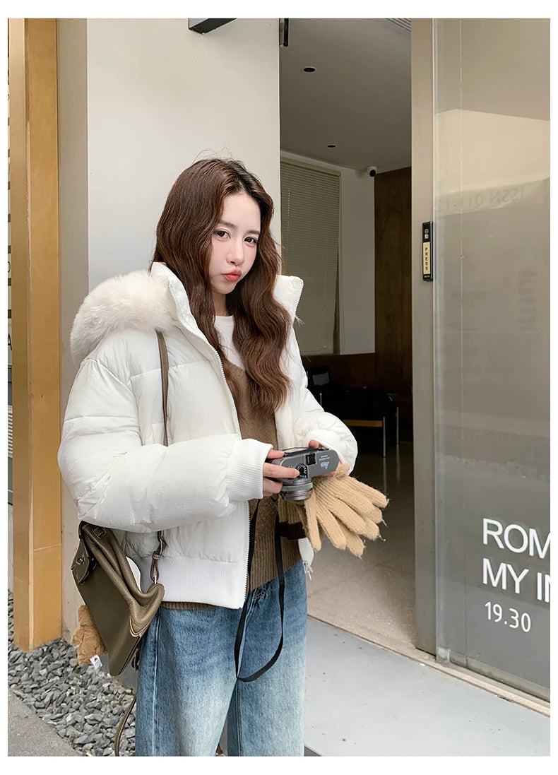 Casual Warm Fur Hooded Cropped Parkas Chic Streetwear Korean Style Down Cotton Coat Thicken Short Women's Winter 2025 Jacket
