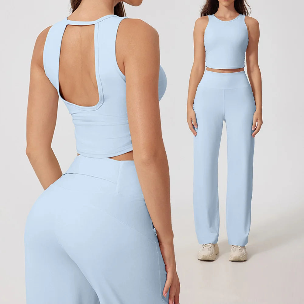 New Women Sportswear Yoga Set Sport Suit Gym Workout Clothes Gym Vest Crop Top High Waist Straight leg Pants Fitness Sports Wear