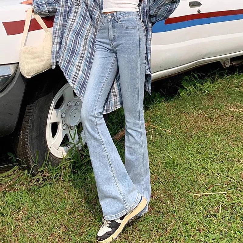 Woman Elastic High Waist Bell Bottom Jeans Female High Street Designer Flare Pants Lady Fashion Blue Black Gothic Denim Trousers
