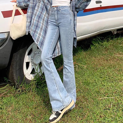 Woman Elastic High Waist Bell Bottom Jeans Female High Street Designer Flare Pants Lady Fashion Blue Black Gothic Denim Trousers