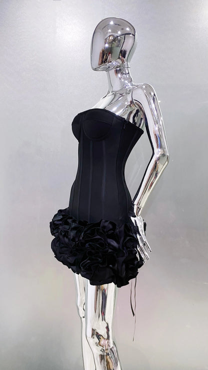 Stereoscopic Flowers Back Laceing Strapless Red Bandage Mini Evening Dress Sweet Woman Birthday Party Dress Performance costume