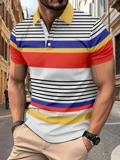 2025European and American ins cross-border 2024 summer new men's striped lapel short sleeved polo shirt casual contrasting polo