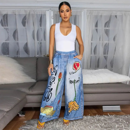 KEXU Women's Tie Dye Printed Wide Leg Casual Loose Long Pants Streetwear