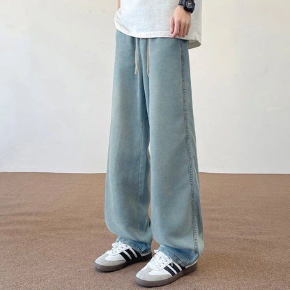 2025 New Autumn American 190 Tall Men Ice Sensation Jeans 115CM Extra Long Length Elastic Waist Thin Loose Wide-leg Clothing