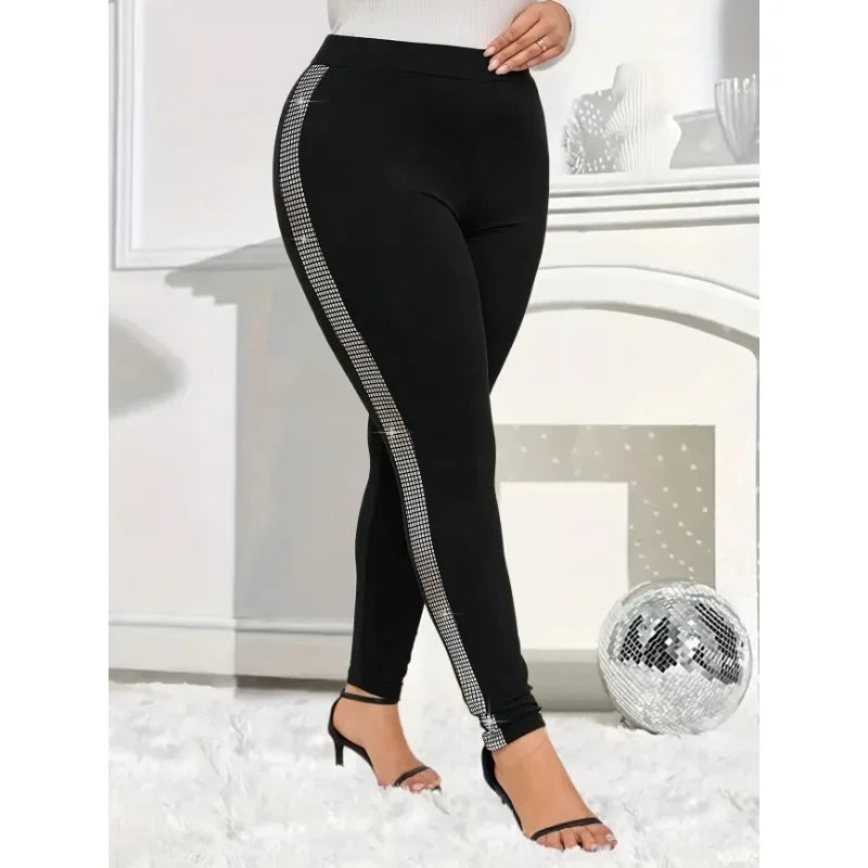 Plus Size New Women's Casual Rhinestone-Trimmed Tight Leggings - Stretchy Solid Color All-Season Machine Washable