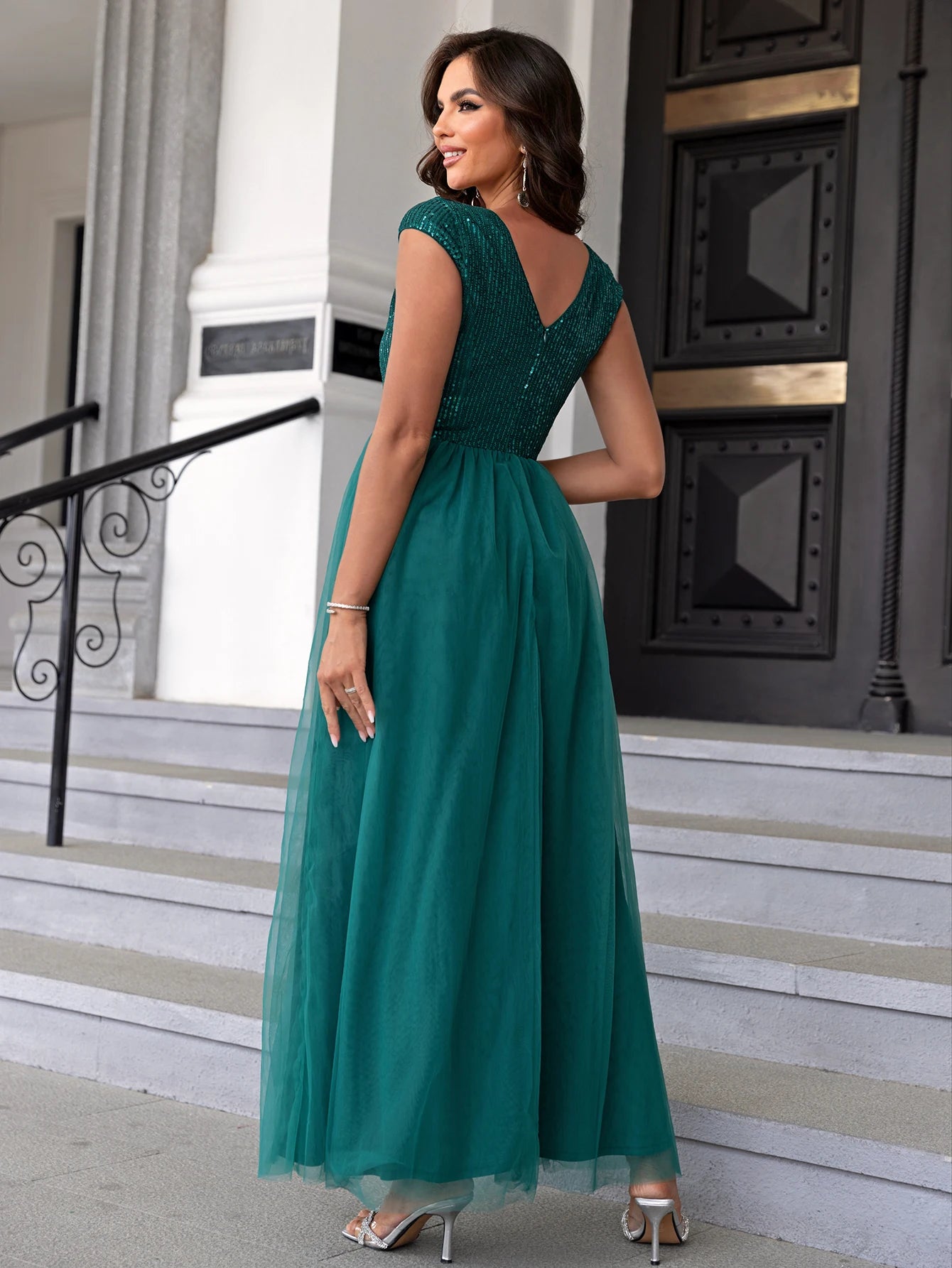 Sexy Prom Sequin Mesh Evening Party Dress Backless Bodycon Elegant Long Dress A-Line Wedding maxi Dress Gown