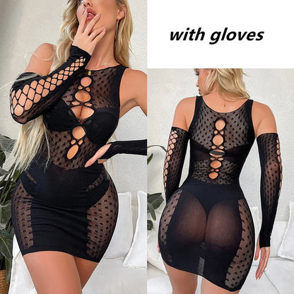 Hollow Out Sexy Nightdress Lingerie Lace Fishnet Pajamas Sexy Beachwear Mini Dress Erotic Hot Babydoll Dress Exotic Costumes