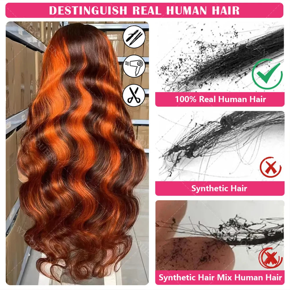 No Silk Highlight Ombre Lace Front Wig Human Hair 200% Density #4/350 Brown With Ginger Body Wave Lace Front Wigs Human Hair