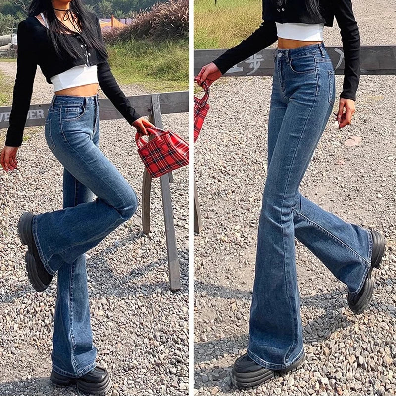 Woman Elastic High Waist Bell Bottom Jeans Female High Street Designer Flare Pants Lady Fashion Blue Black Gothic Denim Trousers