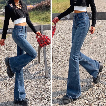 Woman Elastic High Waist Bell Bottom Jeans Female High Street Designer Flare Pants Lady Fashion Blue Black Gothic Denim Trousers