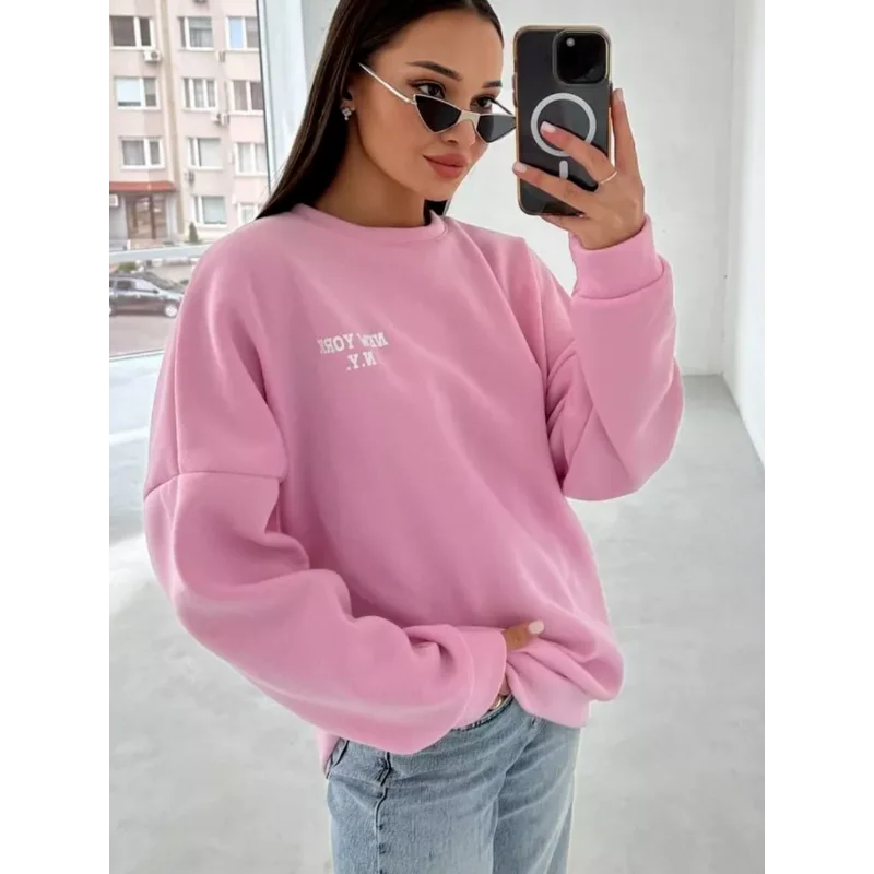 Popular Letter Printing Autumn Winter Loose Versatile Temperament Lazy Style Casual Round Neck Sweatshirt for Women