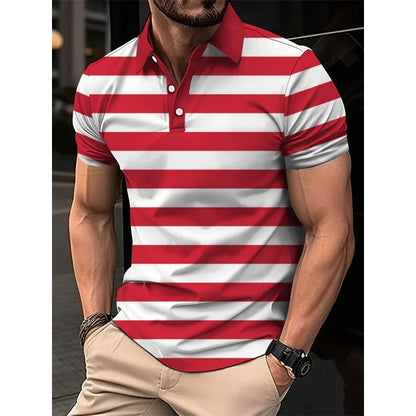 3D Print Colorful Color Block Polo Shirt For Men Stripes Pattern T-Shirts Summer Loose Street Lapel Top Button Short Sleeve Tees