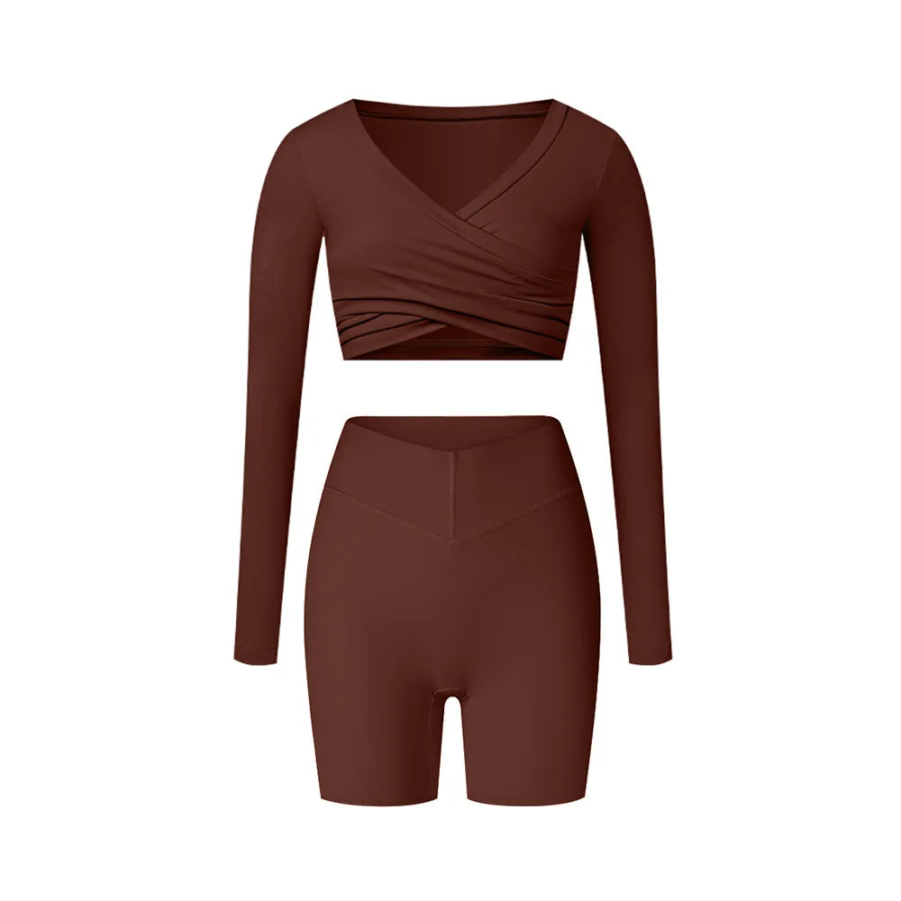 2 Pieces Wrap Front Gym Fitness Suit Women Long Sleeve Legging Workout Yoga Set Sports Bra Short Sports Clothes Tracksuit Female