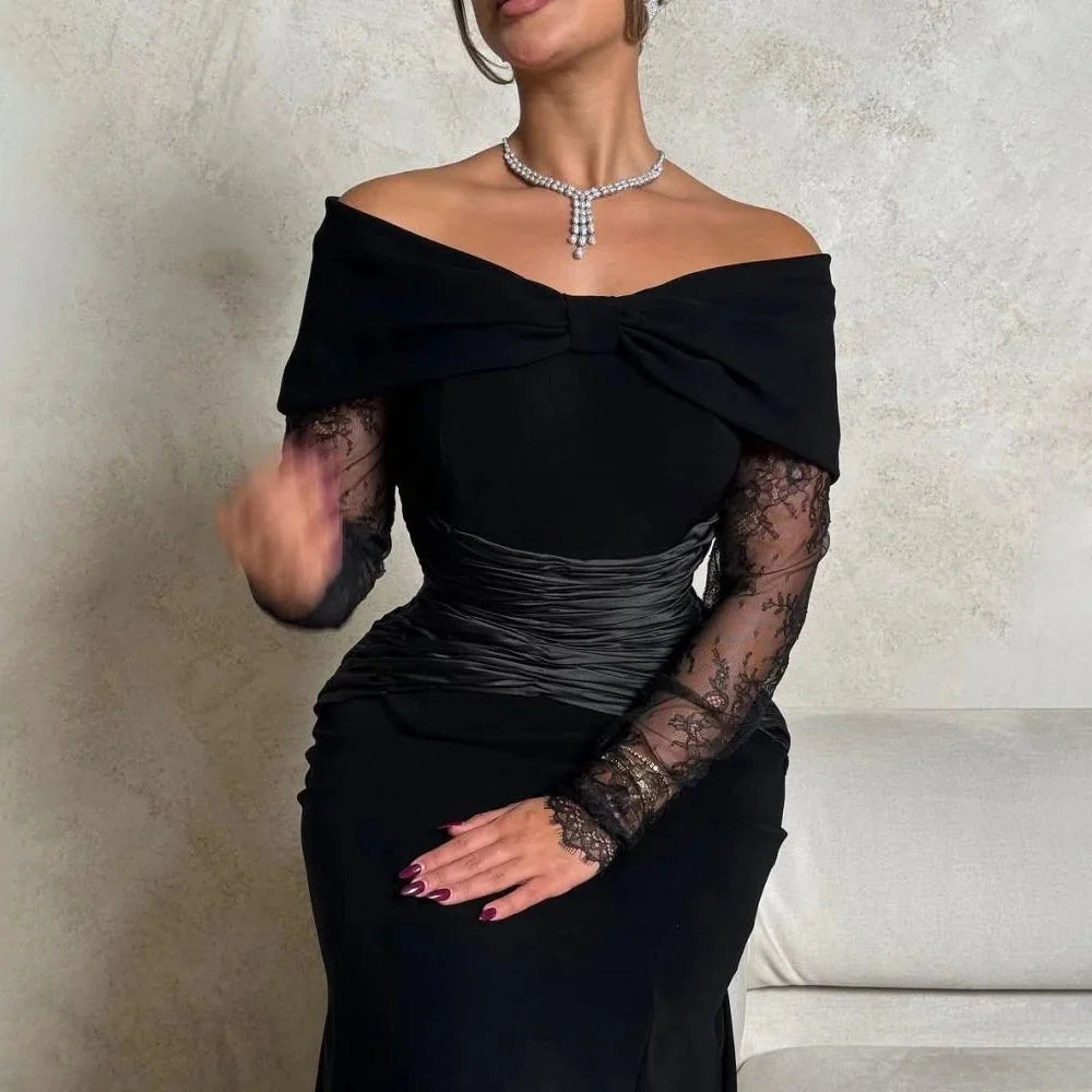 Customized Mermaid Evening Dress Gorgeous Satin Prom Dresses Lace Applique Formal Occasion Shining V Neck Party Gown Robe Soiree