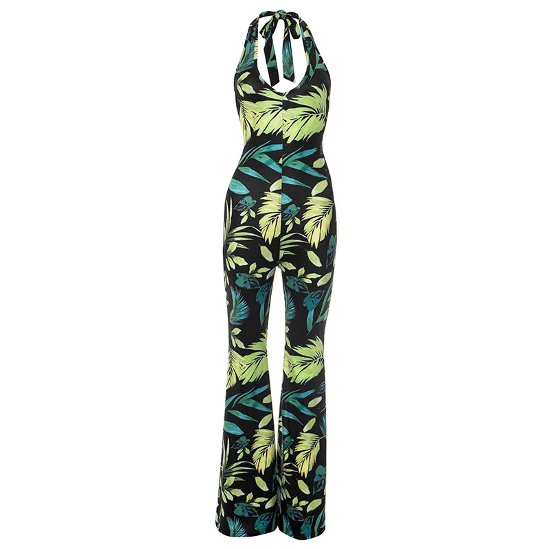 CUTENOVA Women'S V-Neck Tropical Botanical Print Hanging Neck Tie Backless Slim Flare Jumpsuit Fashion Elegant Street Jumpsuit