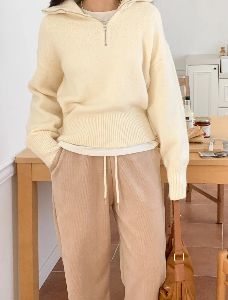 Women's Casual Loose Knitted Sweater Autumn Winter Chic Design Versatile f Zipper Stand Collar  Color Top