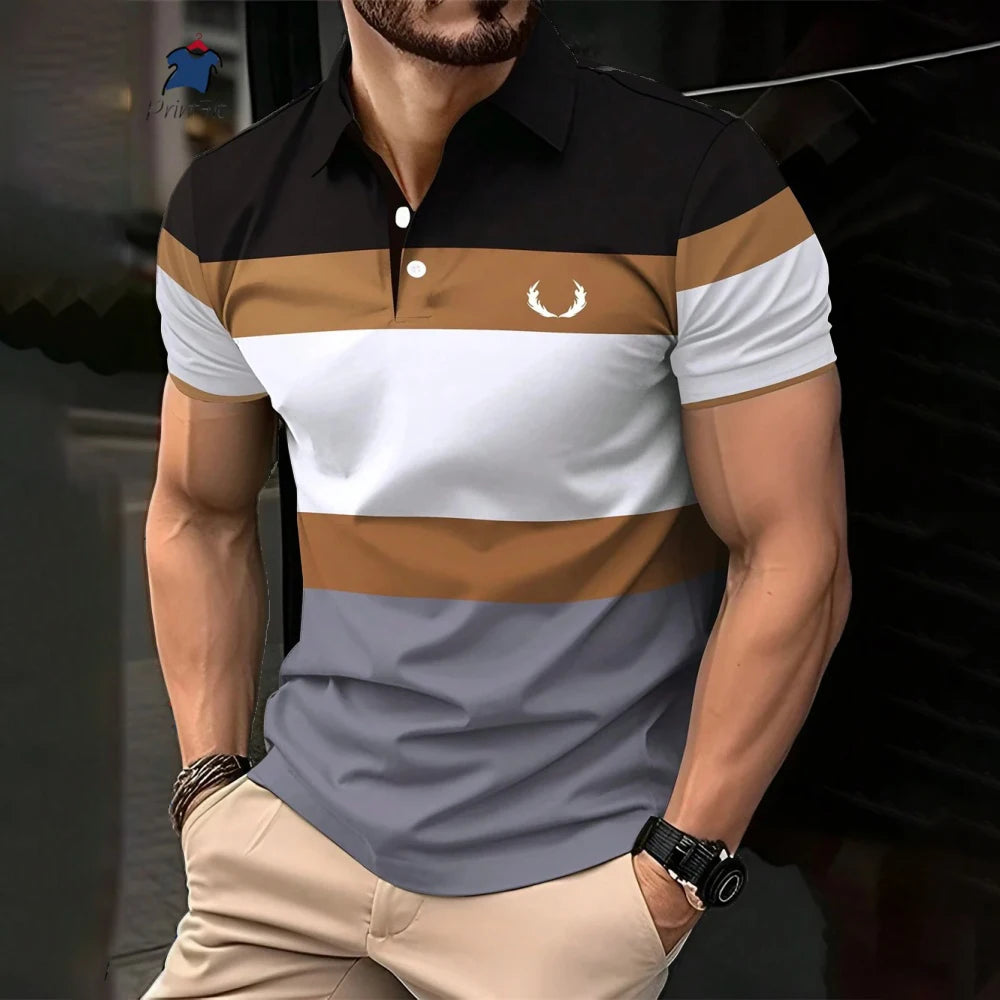 New Summer Striped Patchwork Striped Men's Polo T-shirt Fashion Lapel Button Sports Trend Street Wear Short Sleeve Top Men Shirt