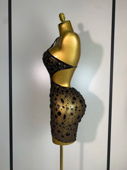 Sexy Sparkly Diamond Backless Short Dress 2025 Women Sleeveless Mesh See Through Evening Birthday Gown Singer Stage Outfit