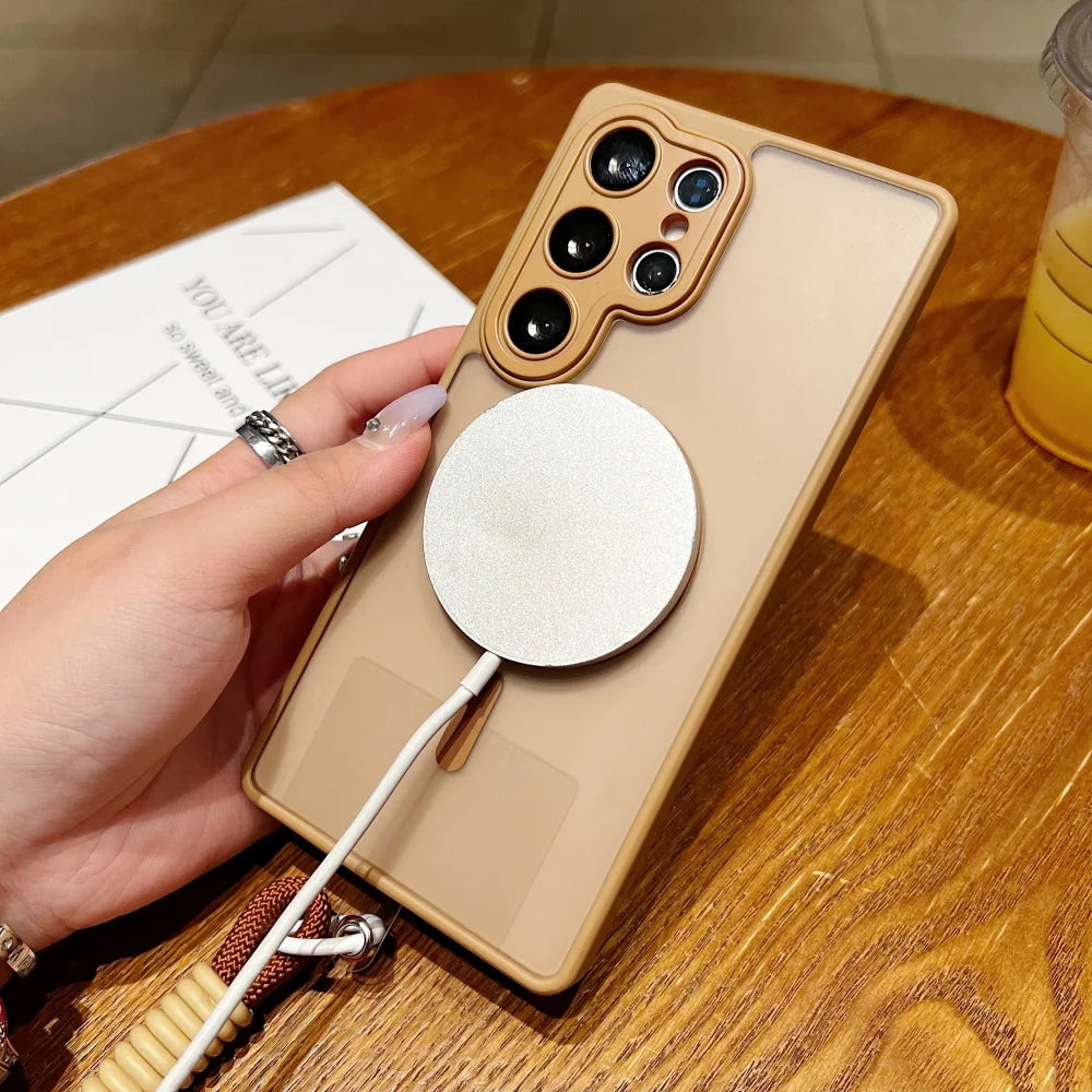 Wrist Strap Cord Magnetic Matte Translucent Armor Case For Samsung S25 Ultra S24 FE S23 Plus For Magsafe Wireless Charge Cover