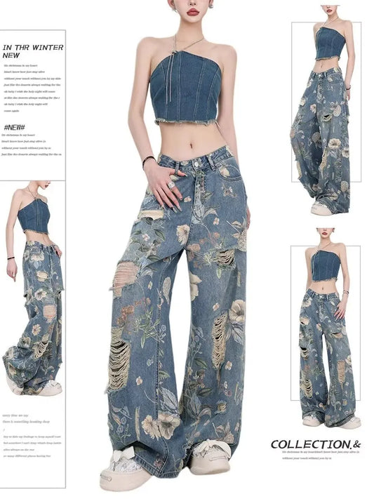 Women's Wide Jeans Ladies Vintage Casual American Baggy Jeans Y2k Woman Clothing Women's Denim Pants Shoujo Girl Style Jean Pant