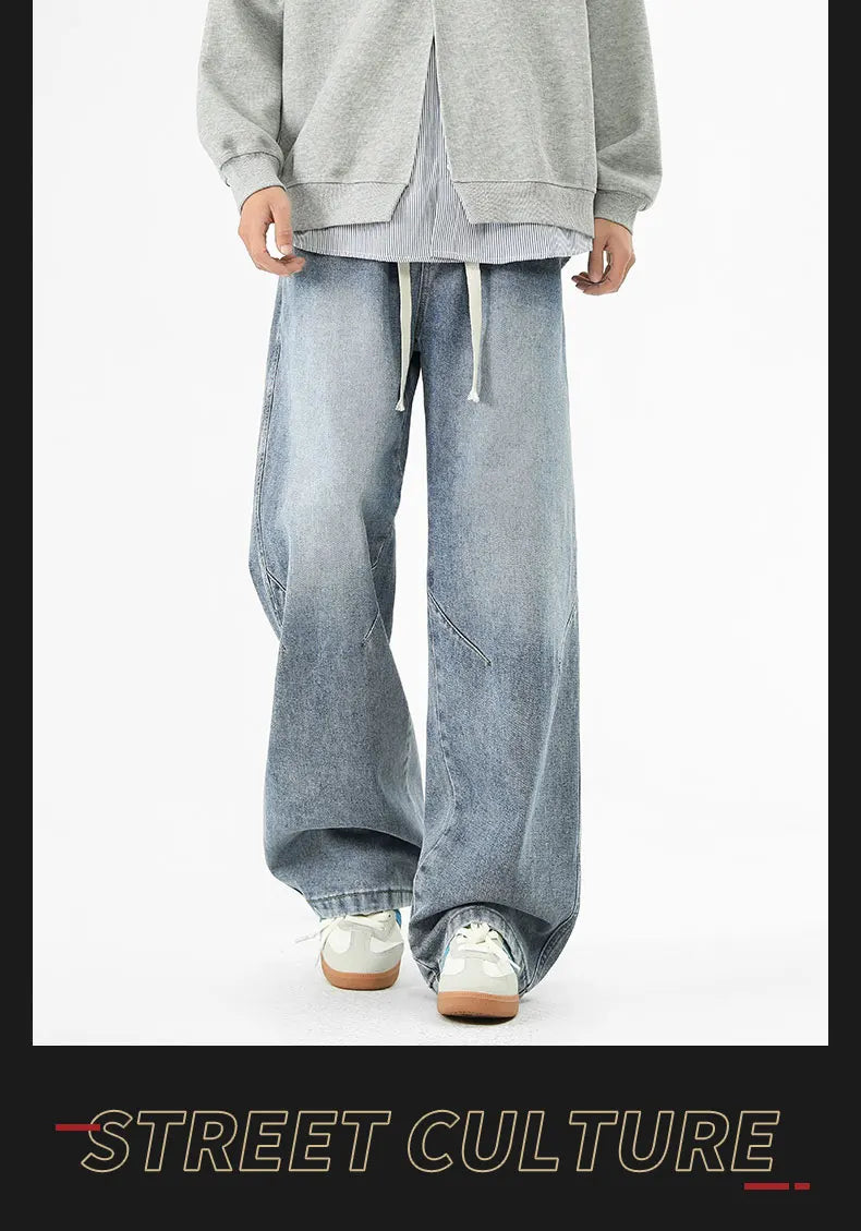 2025 Hip-hop Baggy Denim season elastic waist New Korean Men's Jeans American Loose Fit Wide-leg Straight Casual Trousers Street