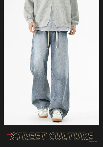 2025 Hip-hop Baggy Denim season elastic waist New Korean Men's Jeans American Loose Fit Wide-leg Straight Casual Trousers Street